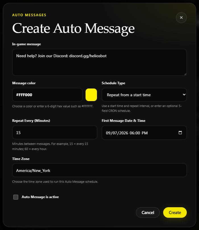 Auto Message editor with a 15-minute Discord reminder, yellow text, and a 6 PM start time