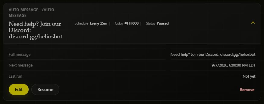 Saved Auto Message showing Every 15m, a 6 PM first message, and Paused status