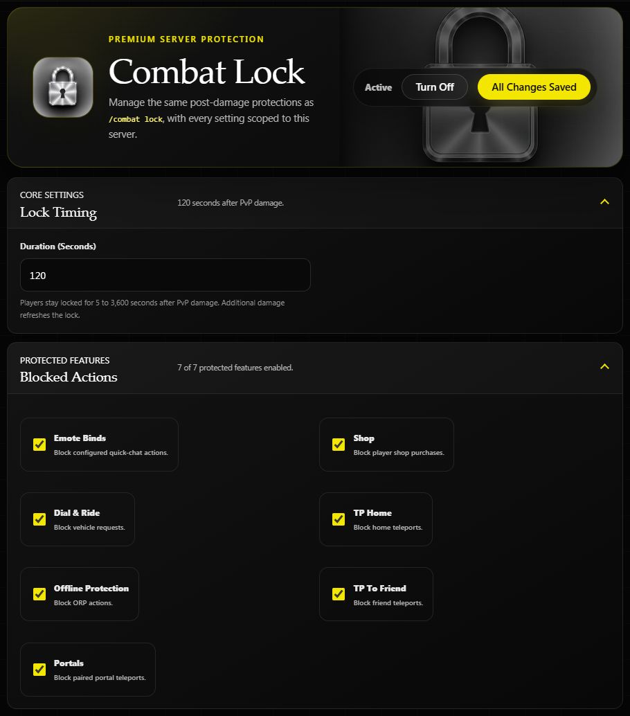 Combat Lock active with a 120-second timer and all seven protected features checked