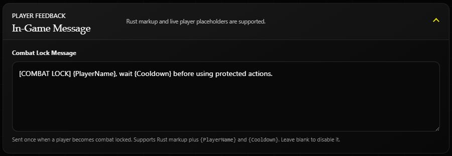 Combat Lock message editor with a short message using PlayerName and Cooldown placeholders