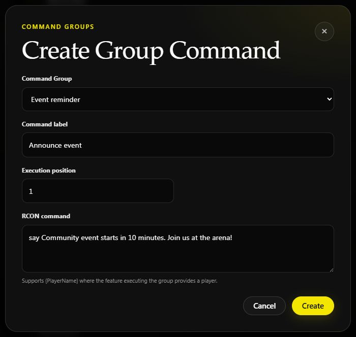 Create Group Command editor showing the Event reminder group and its announcement command