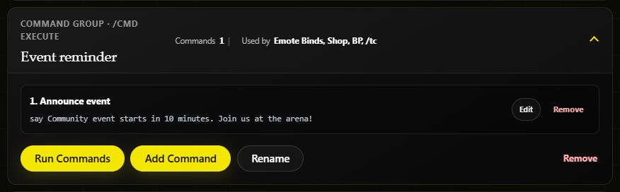 Saved Event reminder command group with its command, editing controls, and Run Commands button