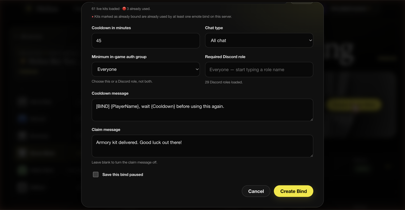 Easy Binds options showing player cooldown, chat type, in-game auth group, and required Discord role