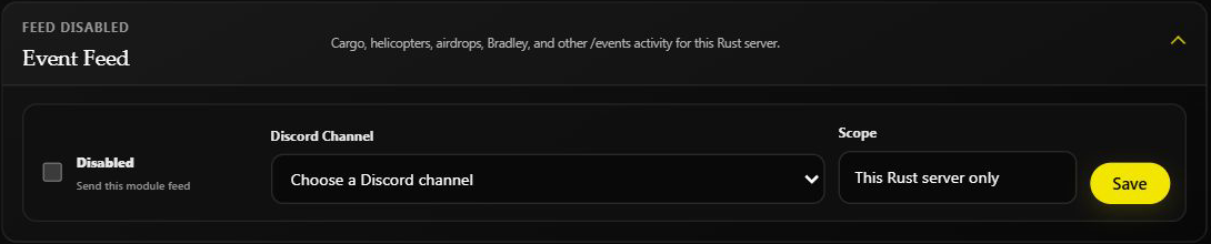 Event Feed channel, enabled checkbox, and selected-server scope