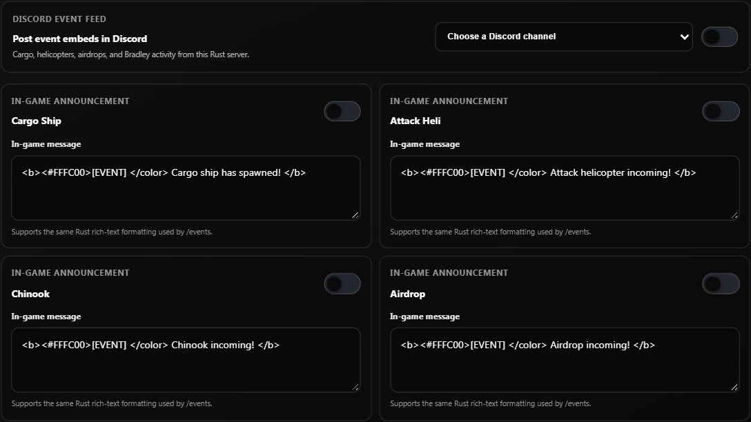 Discord feed and individual in-game event messages