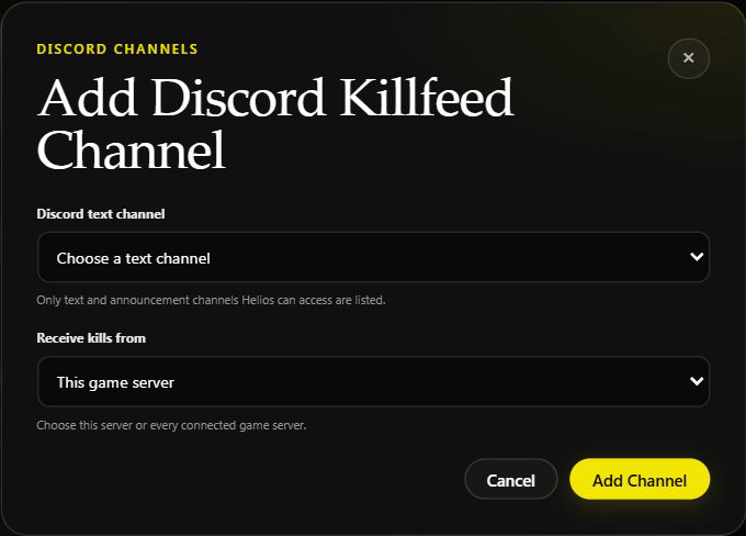 The Add Discord Killfeed Channel dialog with the channel picker and the receive-kills-from scope