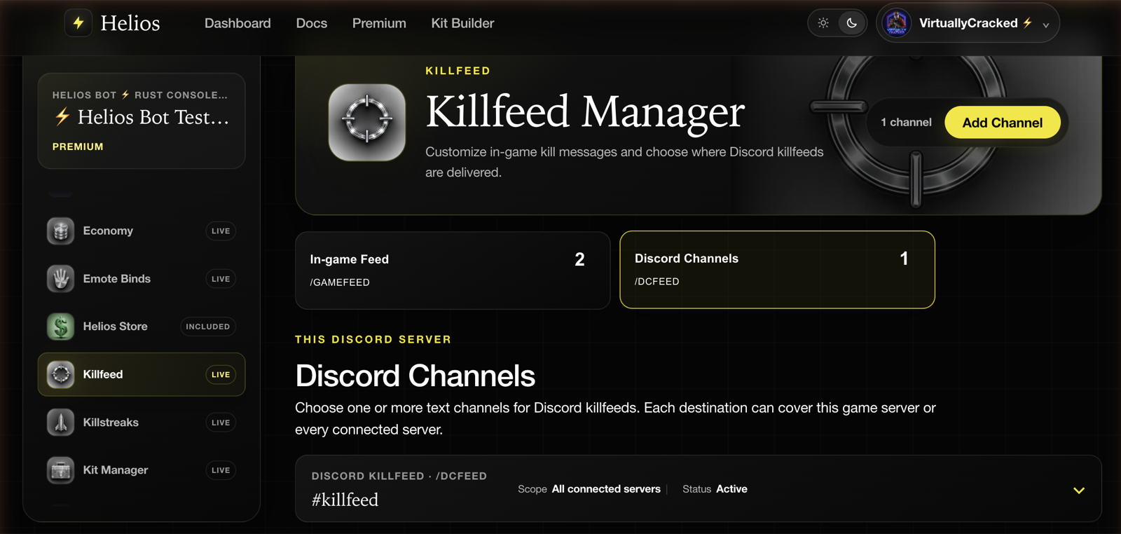 The Discord Channels tab showing a configured killfeed channel with its scope and status