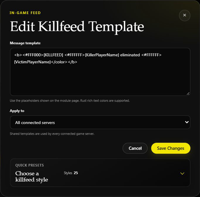 The template editor with its message, shared scope, Cancel, and Save Changes controls