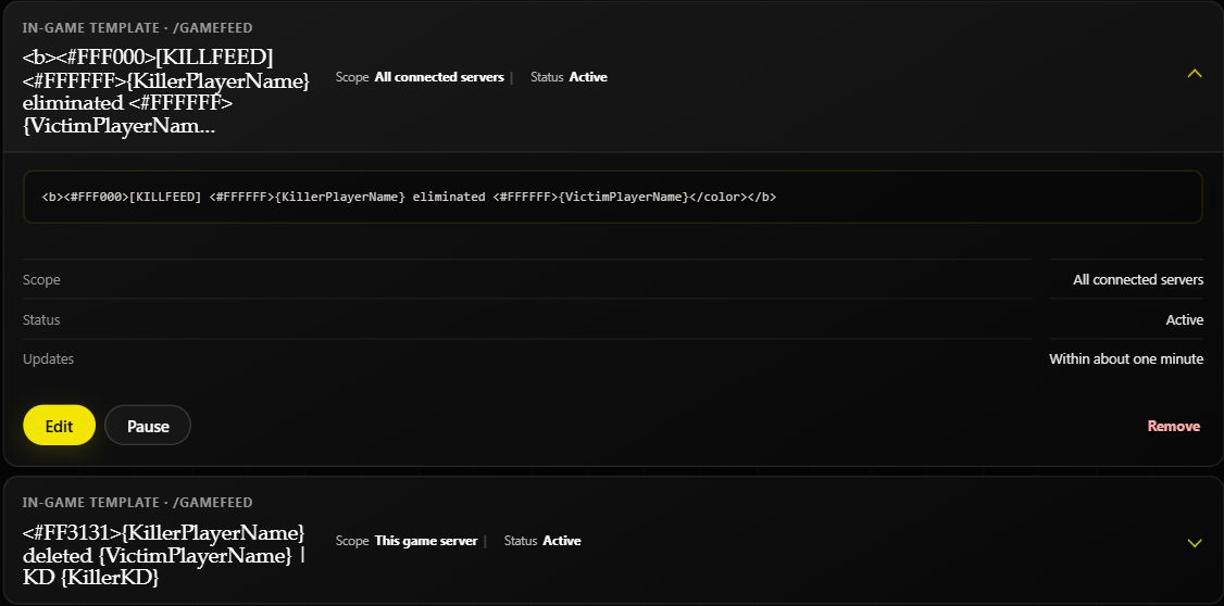 A shared active template expanded above a server-only active template, with Edit, Pause, and Remove controls