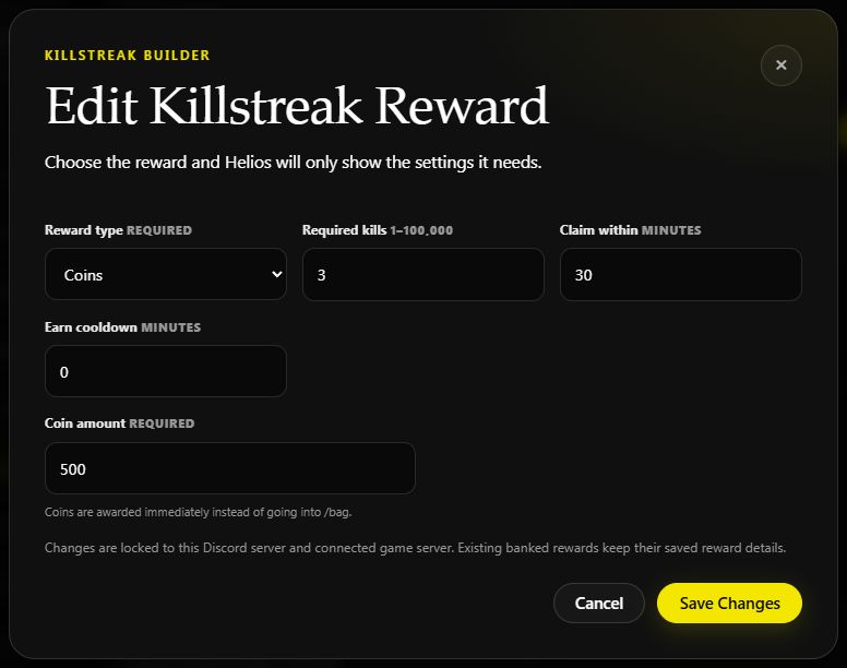 Saved coin reward editor with 3 required kills, a 30-minute claim window, no earn cooldown, and 500 coins