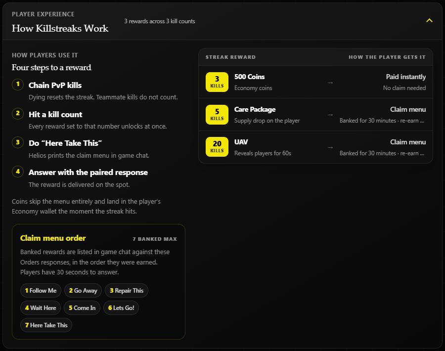 Killstreak player instructions showing Here Take This, the seven claim responses, and the saved three-reward ladder