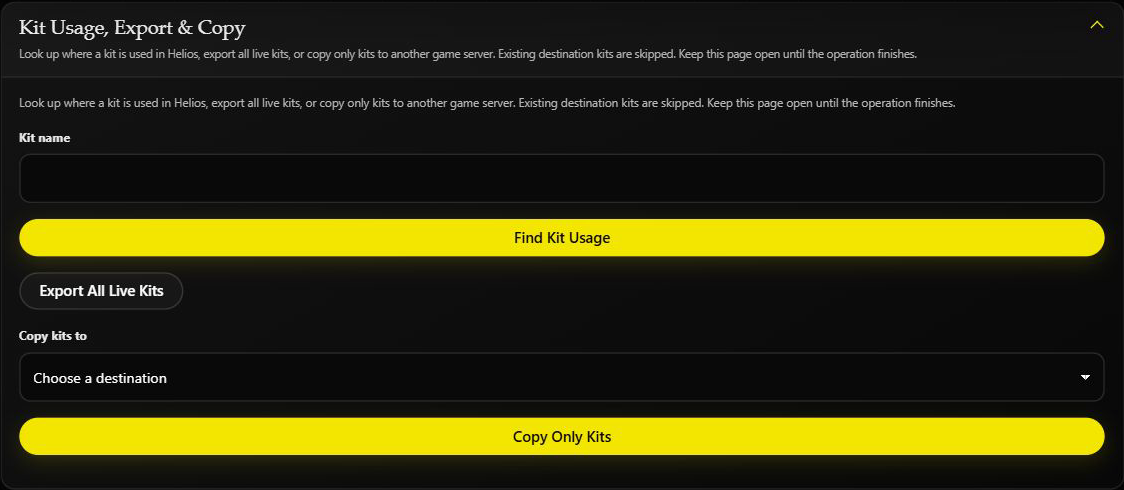 Kit Manager usage lookup, export button, and unselected copy destination