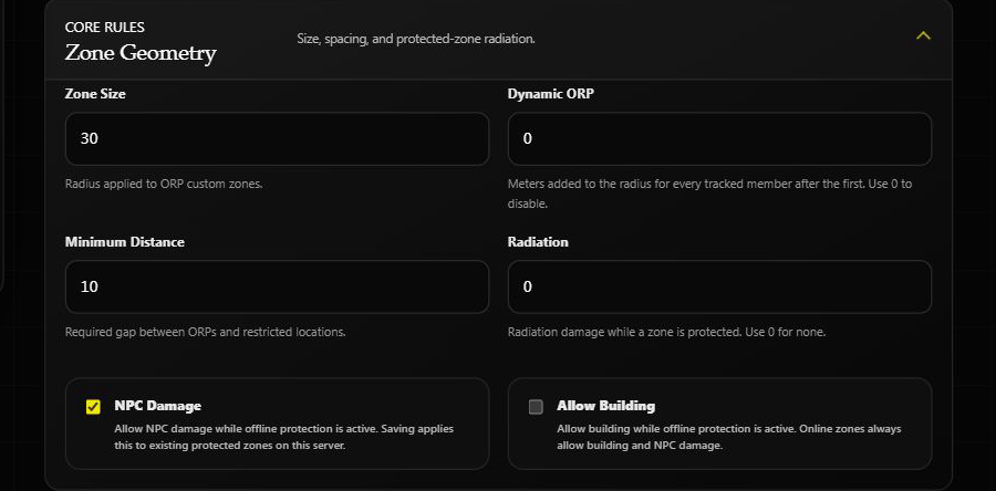 ORP Zone Geometry settings, including the separate Allow Building switch