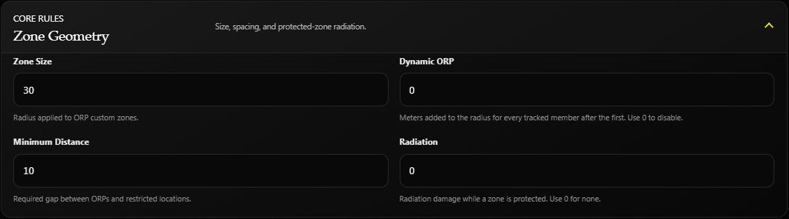 ORP geometry controls showing a 30-meter base radius, dynamic sizing disabled, 10-meter spacing and no radiation