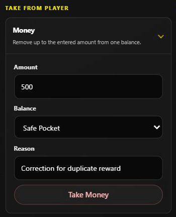 Take Money form with amount, Safe Pocket and reason selected
