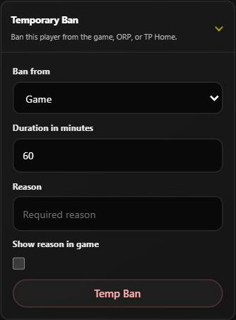 Unsubmitted temporary-ban form on the testing dashboard