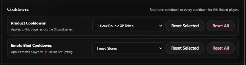 Player cooldown controls with I need Stones selected under Emote Bind Cooldowns and separate Reset Selected and Reset All buttons
