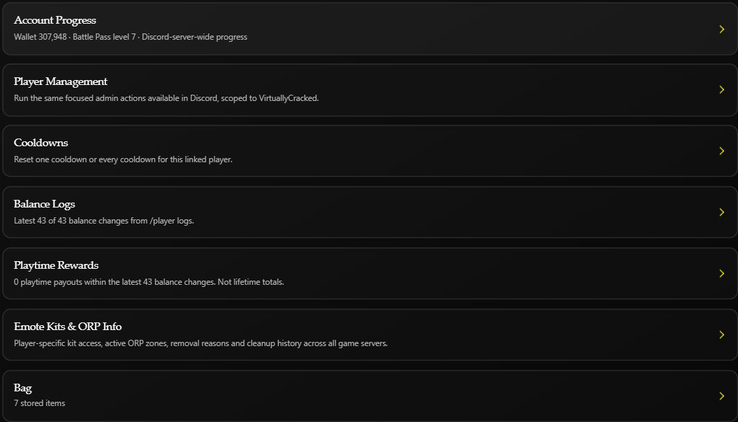 Expandable Player Tools sections for the testing account, including Balance Logs, Playtime Rewards, diagnostics, and Bag