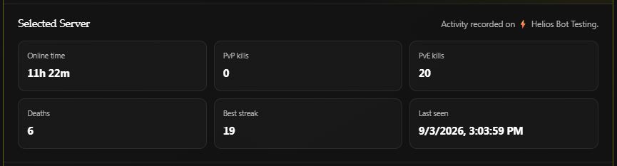 Selected Server activity for the test account, with online time, PvP and PvE kills, deaths, best streak, and last-seen time