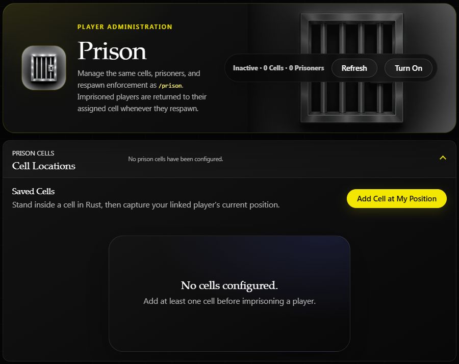 Prison dashboard before its first cell is added, showing Add Cell at My Position