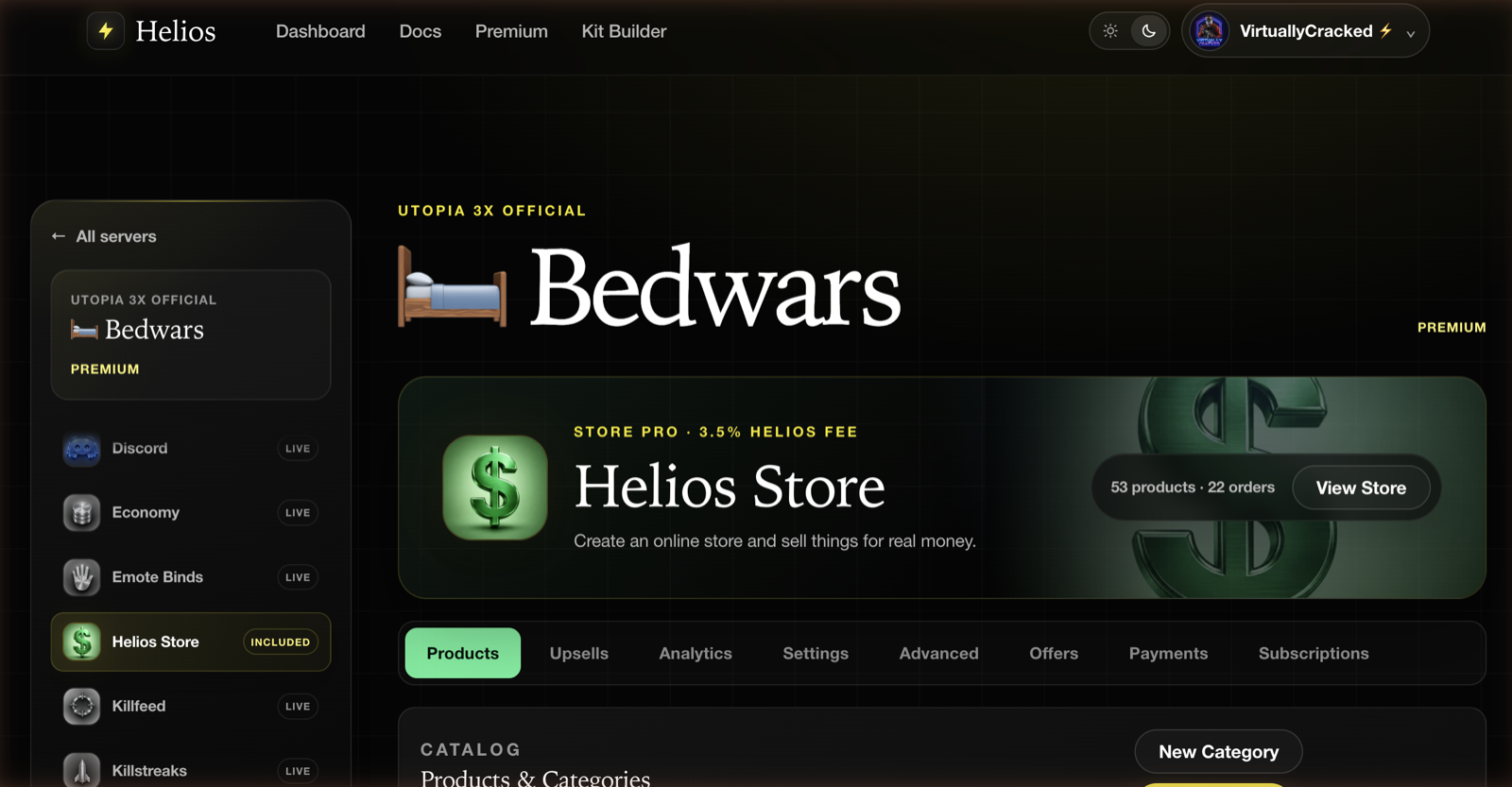 The Helios Store module in the dashboard, showing the plan banner and the eight store sections