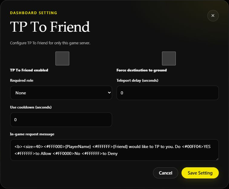 TP To Friend settings with role, delay, cooldown, and request message controls