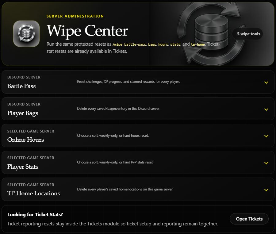Wipe Center showing five reset tools and their Discord-server or selected-game-server scope