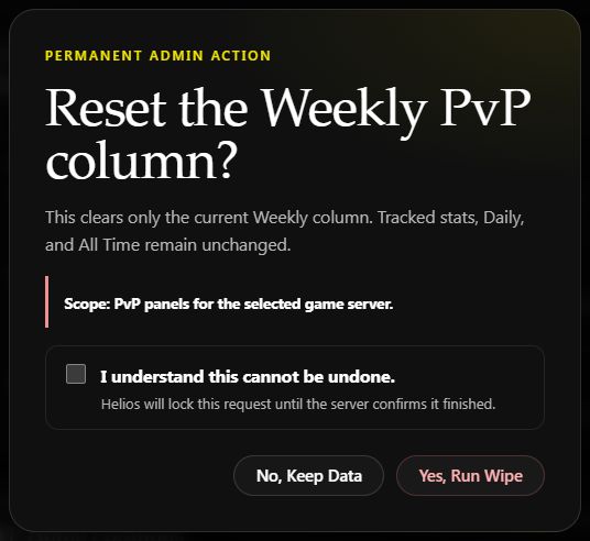 Weekly PvP reset confirmation showing preserved data, scope, acknowledgment, and cancel button