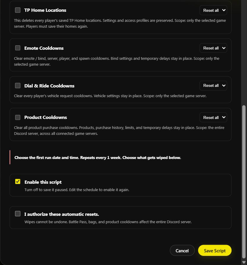 Bottom of the wipe script form with the authorization box and Save Script button
