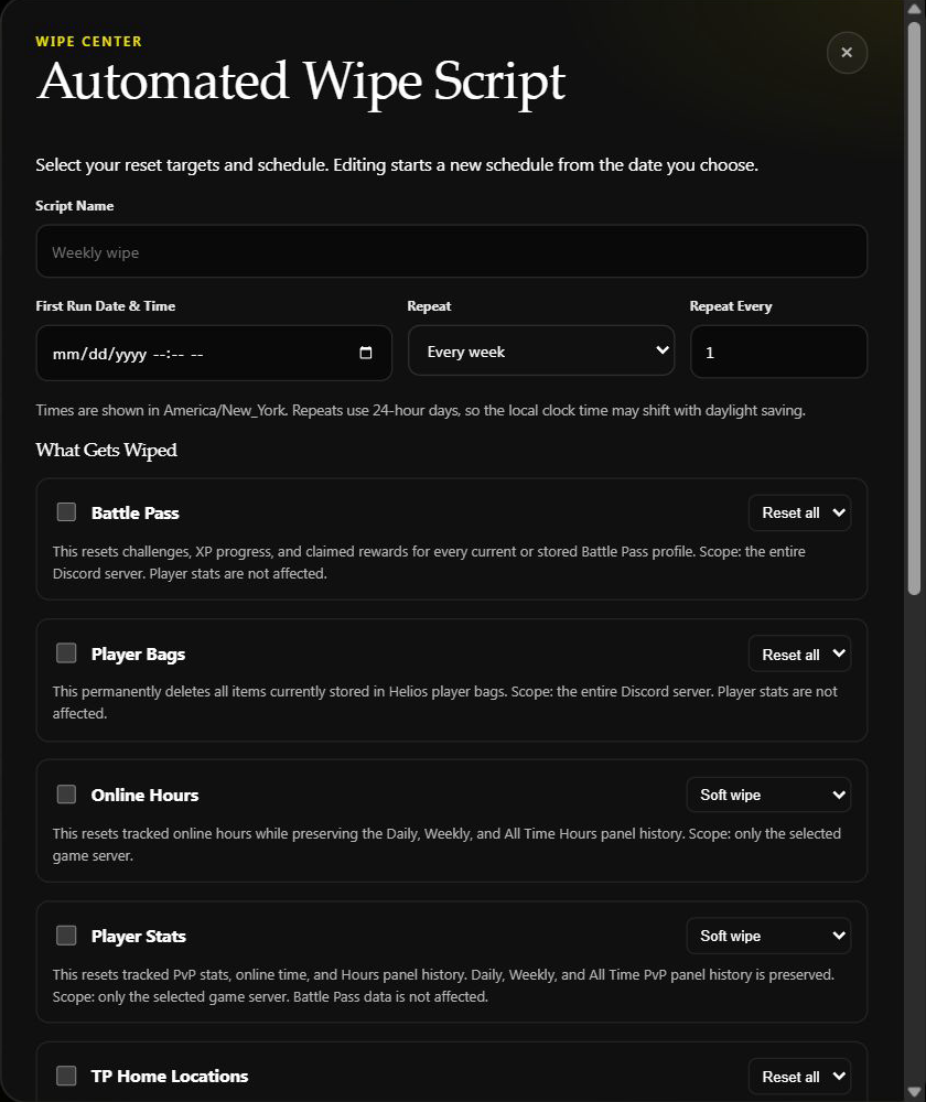 Automated Wipe Script form with the first run, repeat schedule, and wipe choices