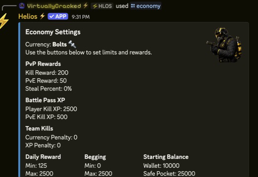 Economy settings panel in Discord