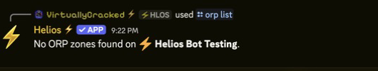 Helios ORP zone list in Discord showing the zone leader, tracked group, member count and current protection state