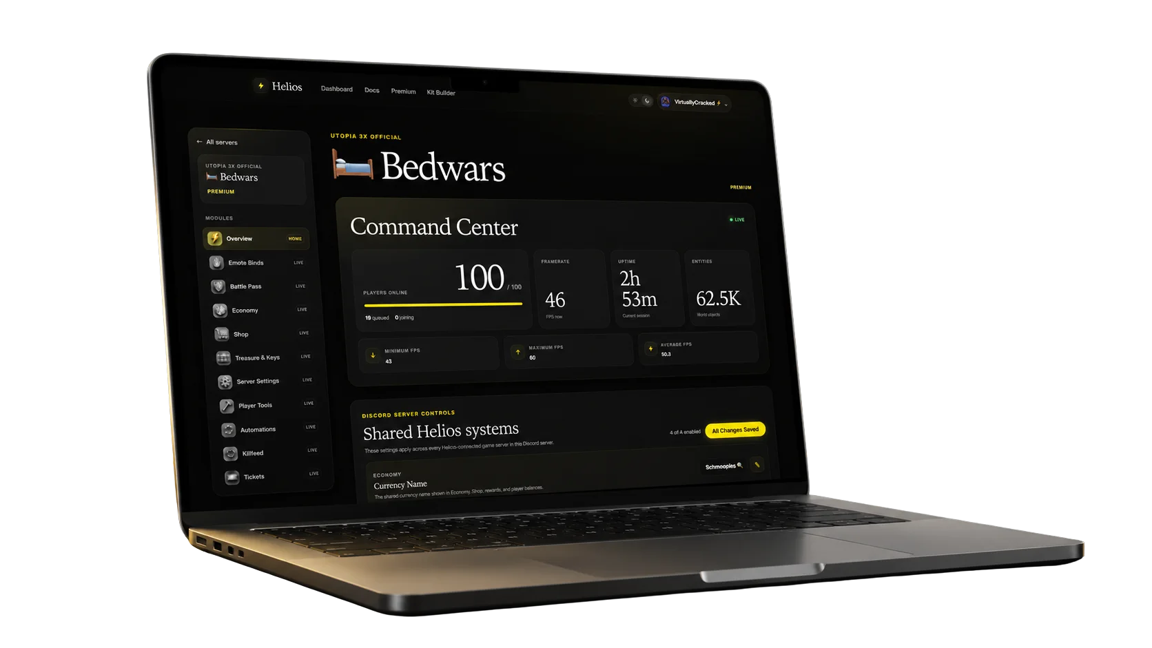 The Helios dashboard command center open on a laptop, showing live players online, framerate, uptime, entity count, and shared Discord server controls.